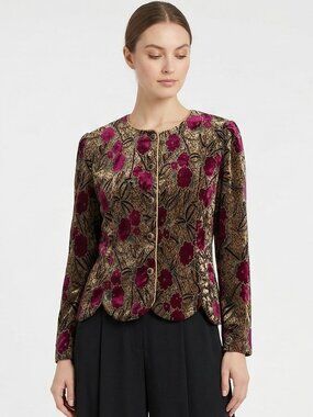 R&K Evening Jacket Black Burgundy Velour Floral Grunge Whimsigoth Metallic 18